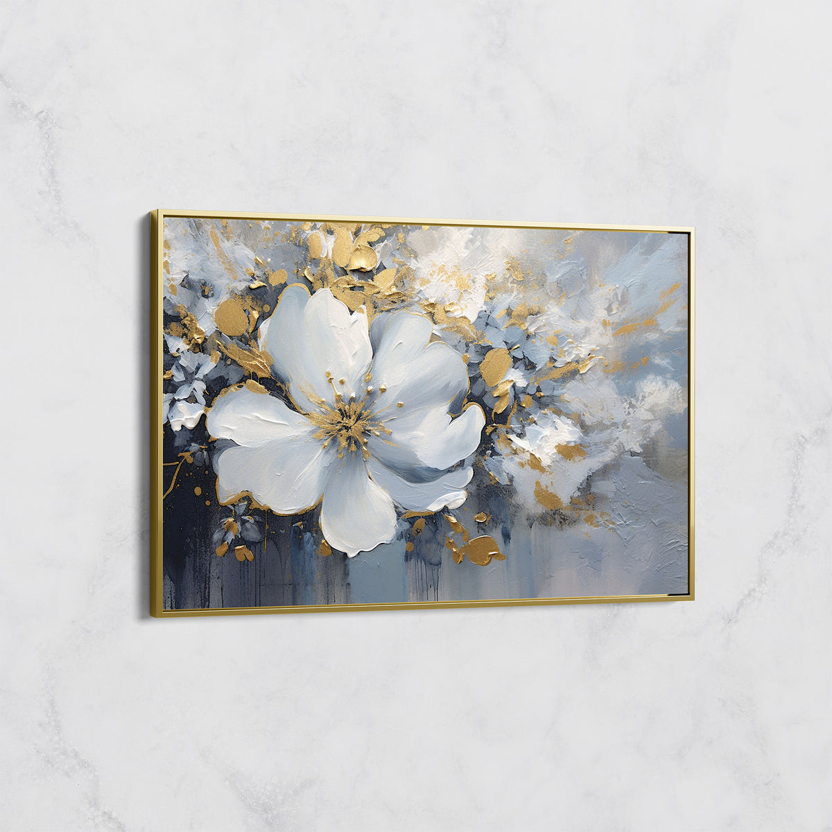 Tableau Fleur Blanche et Or sur Fond Bleu – Art Floral Moderne