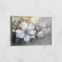 Tableau Fleur Blanche et Or sur Fond Bleu – Art Floral Moderne