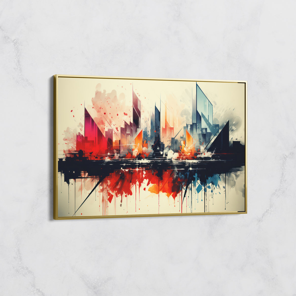 Tableau Abstrait Urbain - Skyline Moderne avec Reflets et Couleurs Vives