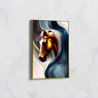 Tableau Cheval Doré aux Flots Bleus – Art Abstrait Moderne