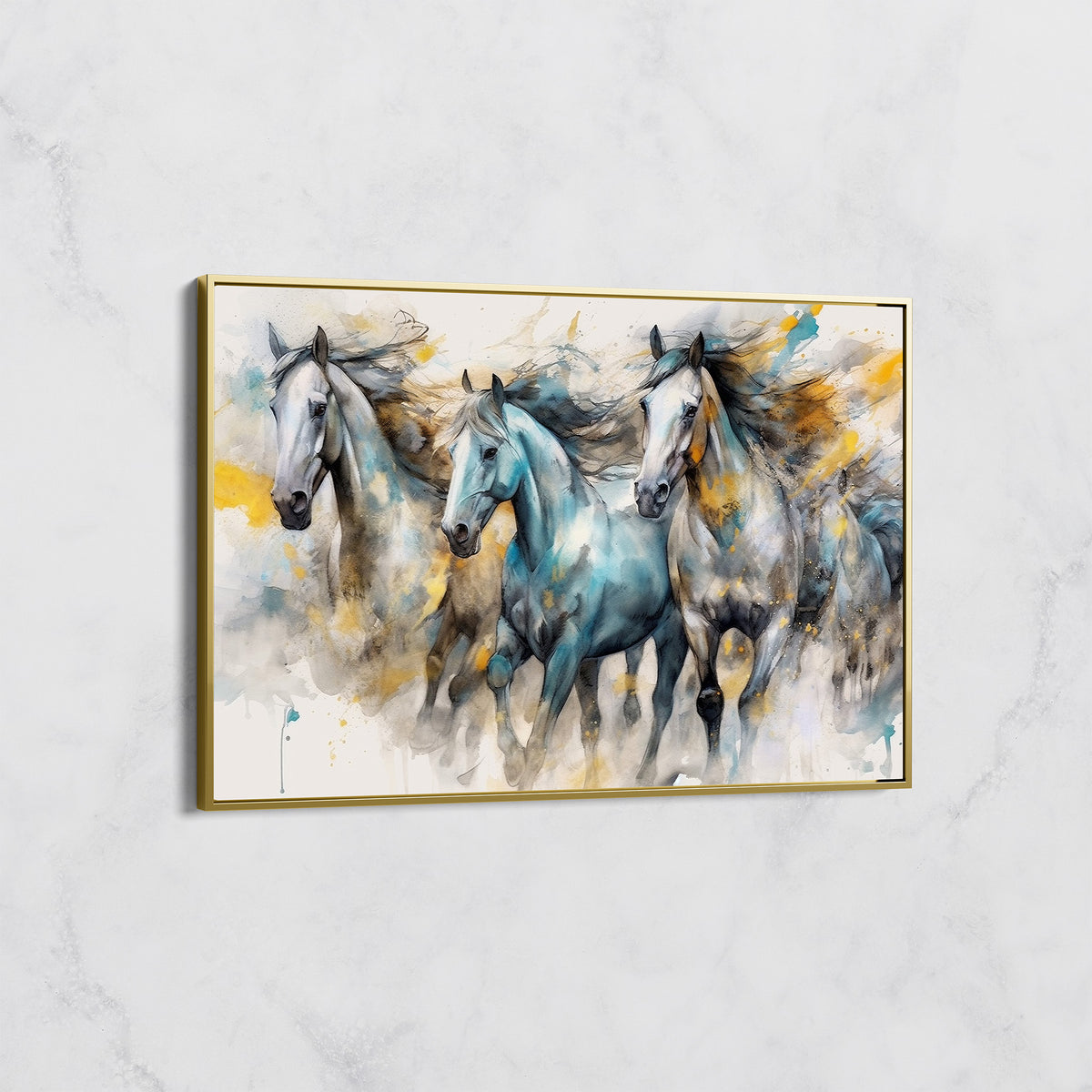 Tableau Chevaux Galopant Bleu et Or – Art Équestre Moderne