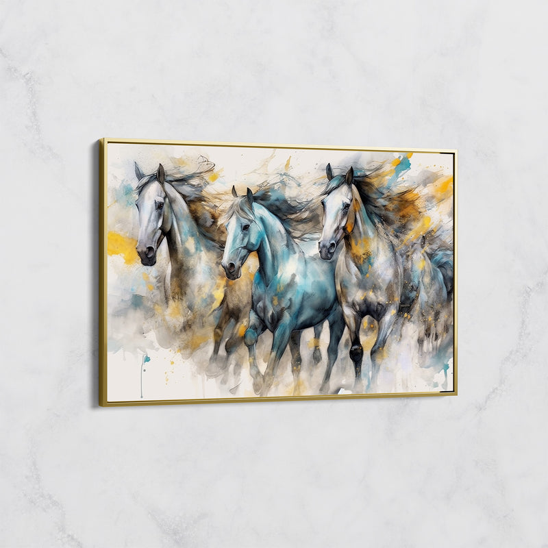 Tableau Chevaux Galopant Bleu et Or – Art Équestre Moderne