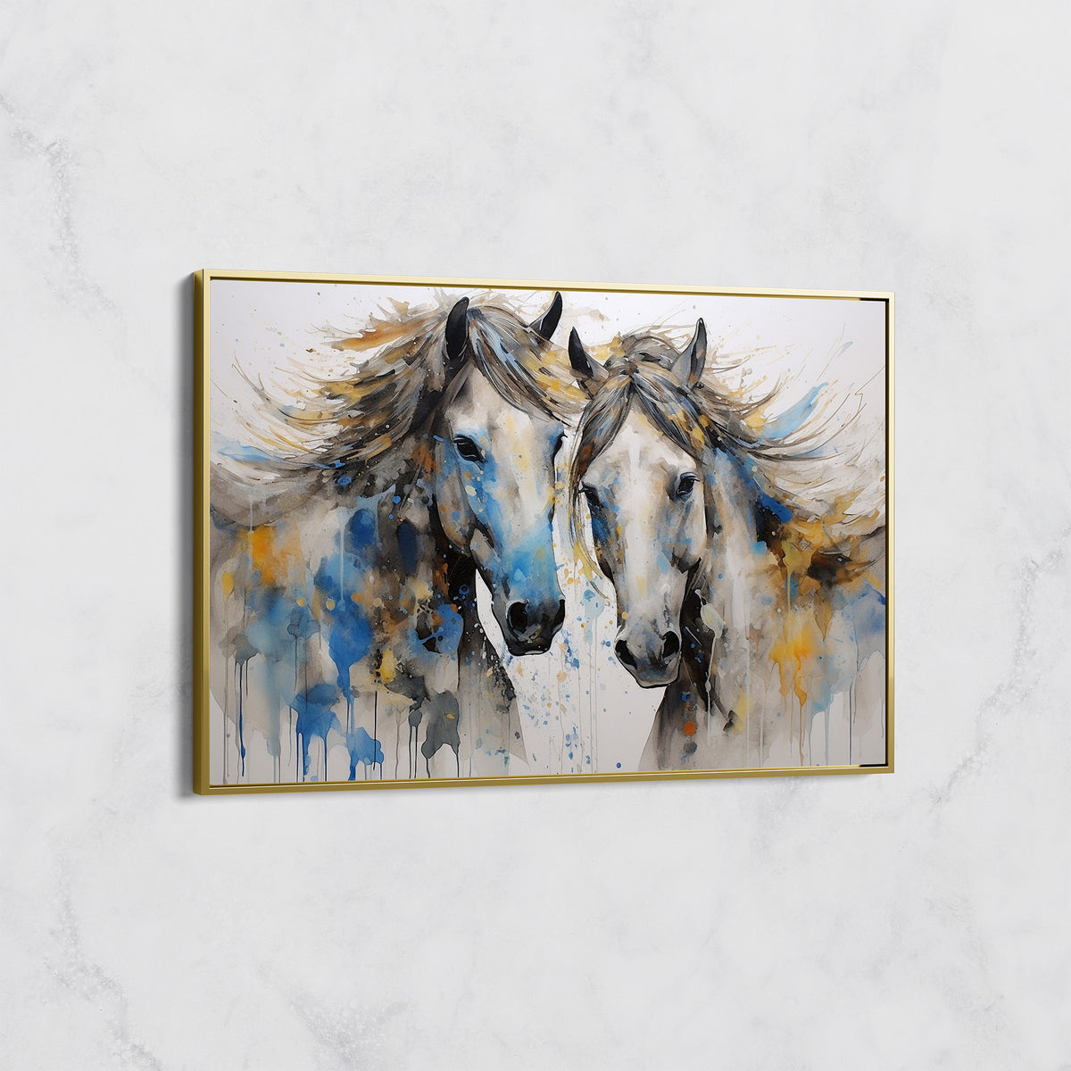 Tableau Duo de Chevaux Bleu et Or – Art Équestre Moderne