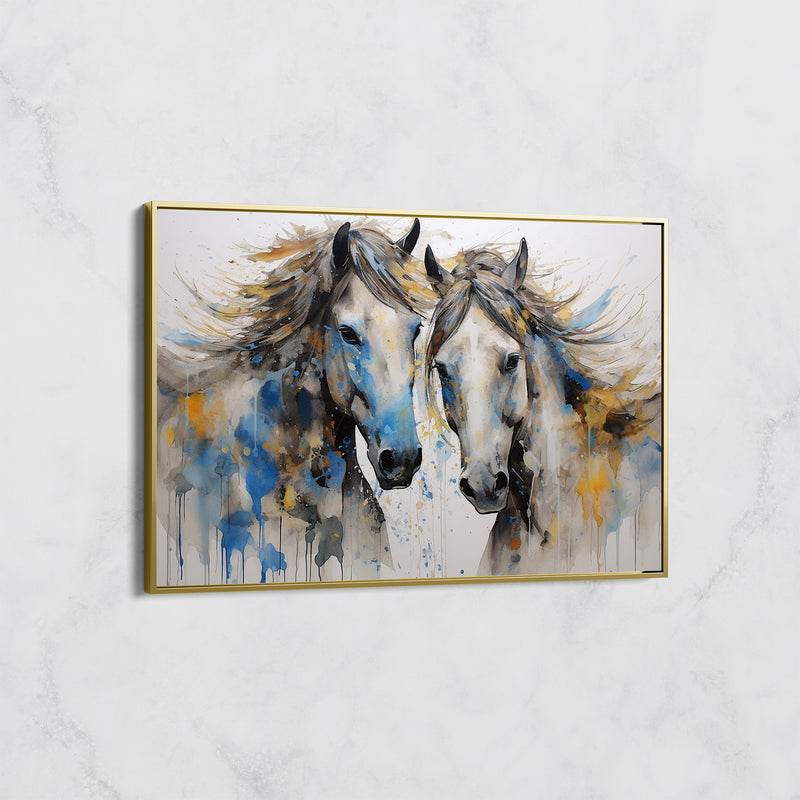 Tableau Duo de Chevaux Bleu et Or – Art Équestre Moderne