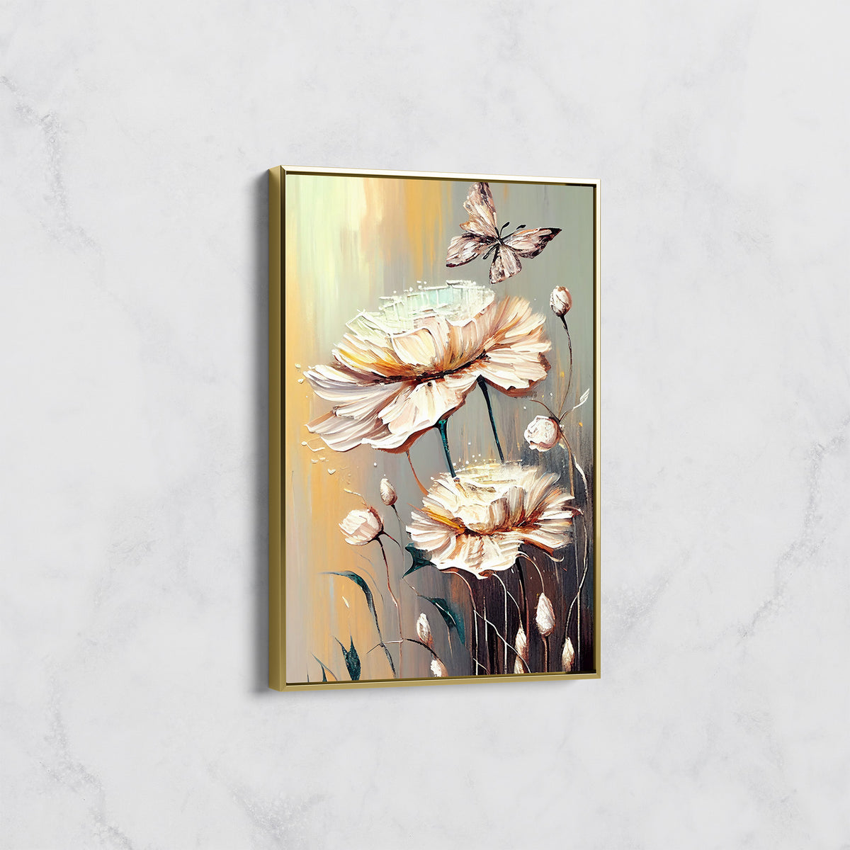 Tableau Fleurs Crème et Papillon – Art Floral Texturé