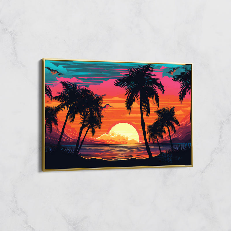 Tableau Paysage Tropical - Coucher de Soleil Vibrant avec Palmiers