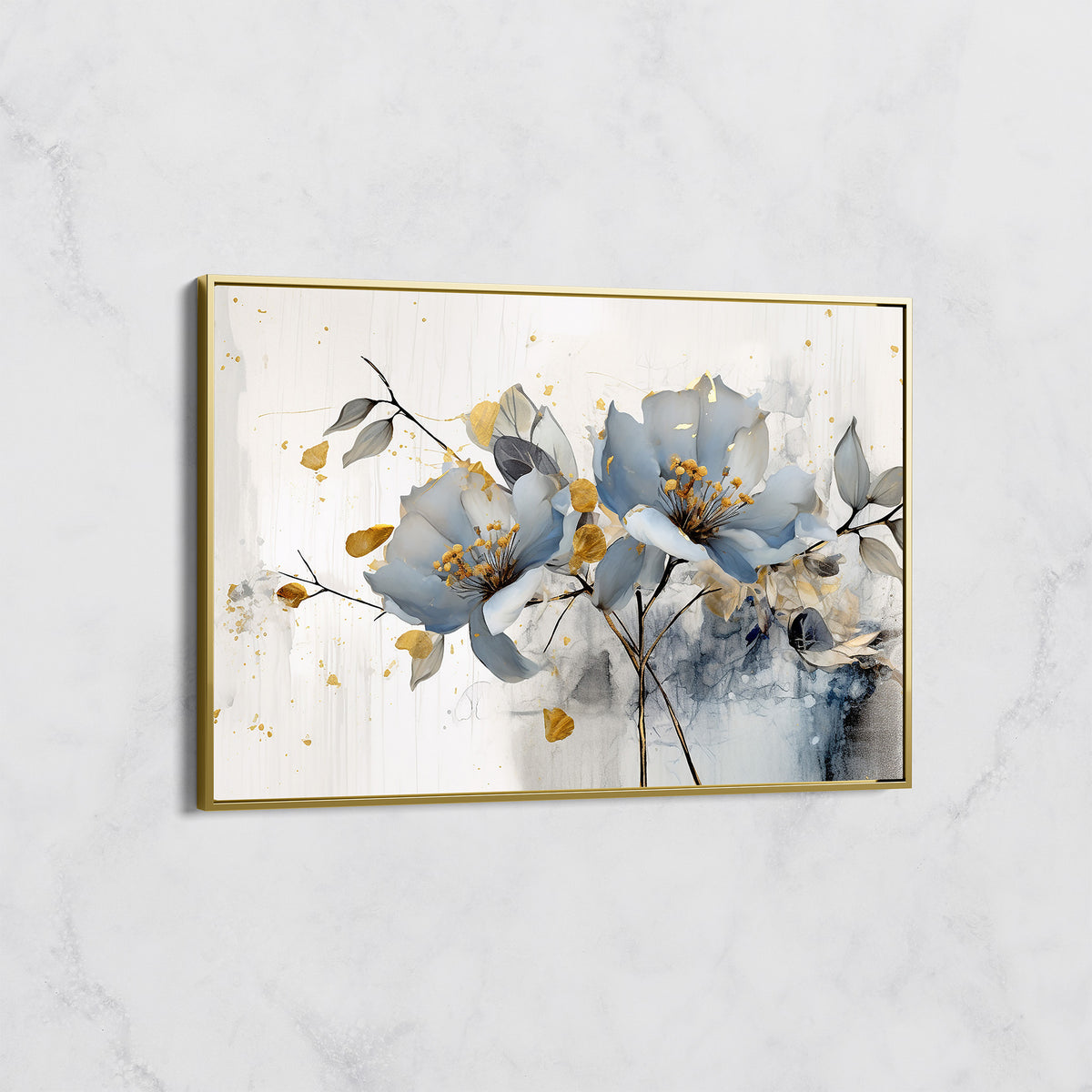 Tableau Fleurs Bleues et Feuilles Dorées – Art Floral Contemporain