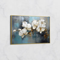 Tableau Orchidées Blanches sur Fond Bleu – Art Floral Contemporain