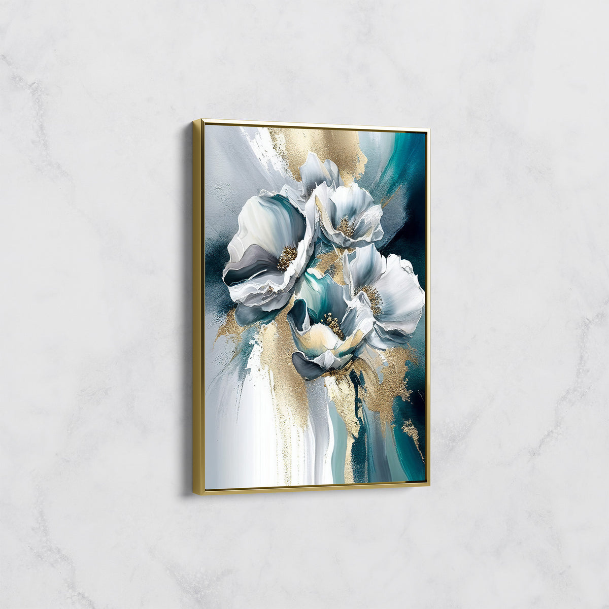 Tableau Fleurs Turquoise et Or – Art Floral Abstrait