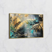 Tableau Palmes Dorées sur Fond Turquoise – Art Tropical Abstrait
