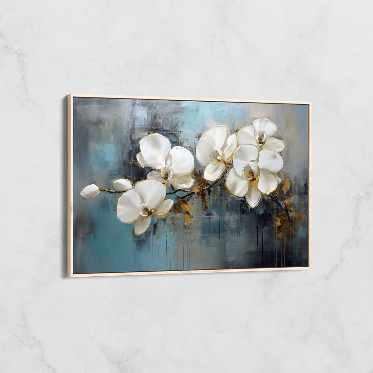 Tableau Orchidées Blanches sur Fond Bleu – Art Floral Contemporain