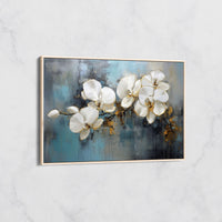 Tableau Orchidées Blanches sur Fond Bleu – Art Floral Contemporain