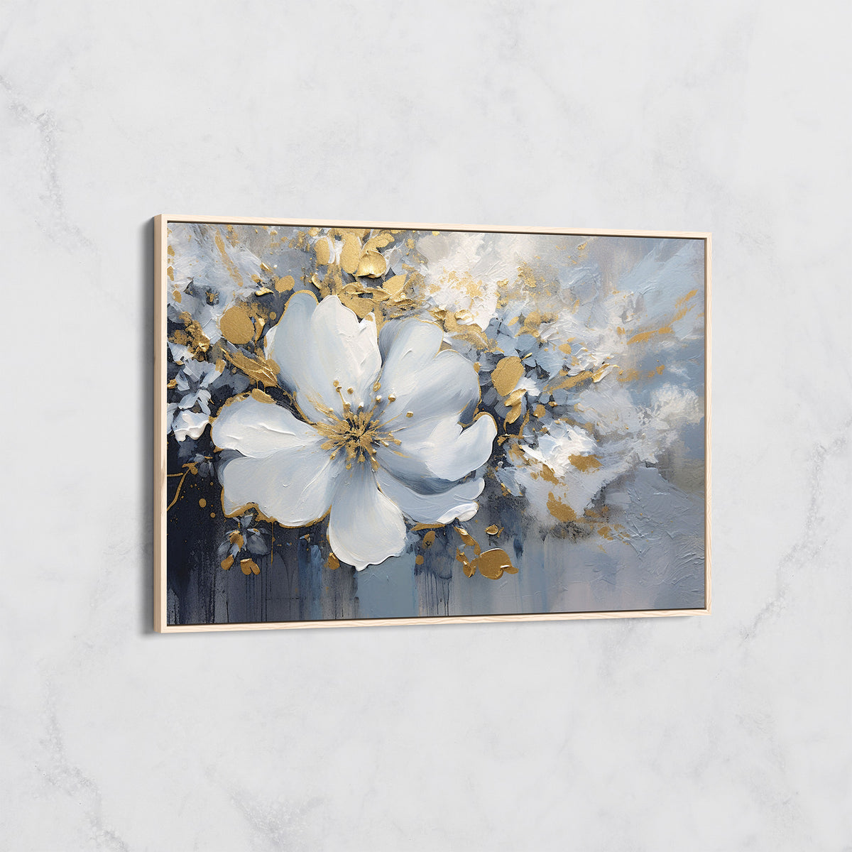 Tableau Fleur Blanche et Or sur Fond Bleu – Art Floral Moderne