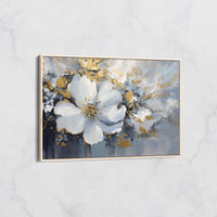Tableau Fleur Blanche et Or sur Fond Bleu – Art Floral Moderne