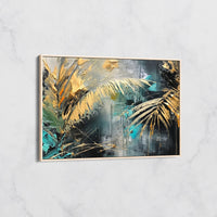 Tableau Palmes Dorées sur Fond Turquoise – Art Tropical Abstrait