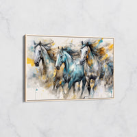 Tableau Chevaux Galopant Bleu et Or – Art Équestre Moderne