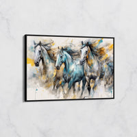 Tableau Chevaux Galopant Bleu et Or – Art Équestre Moderne