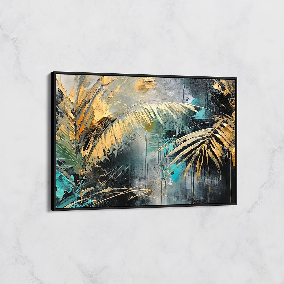 Tableau Palmes Dorées sur Fond Turquoise – Art Tropical Abstrait
