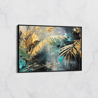 Tableau Palmes Dorées sur Fond Turquoise – Art Tropical Abstrait
