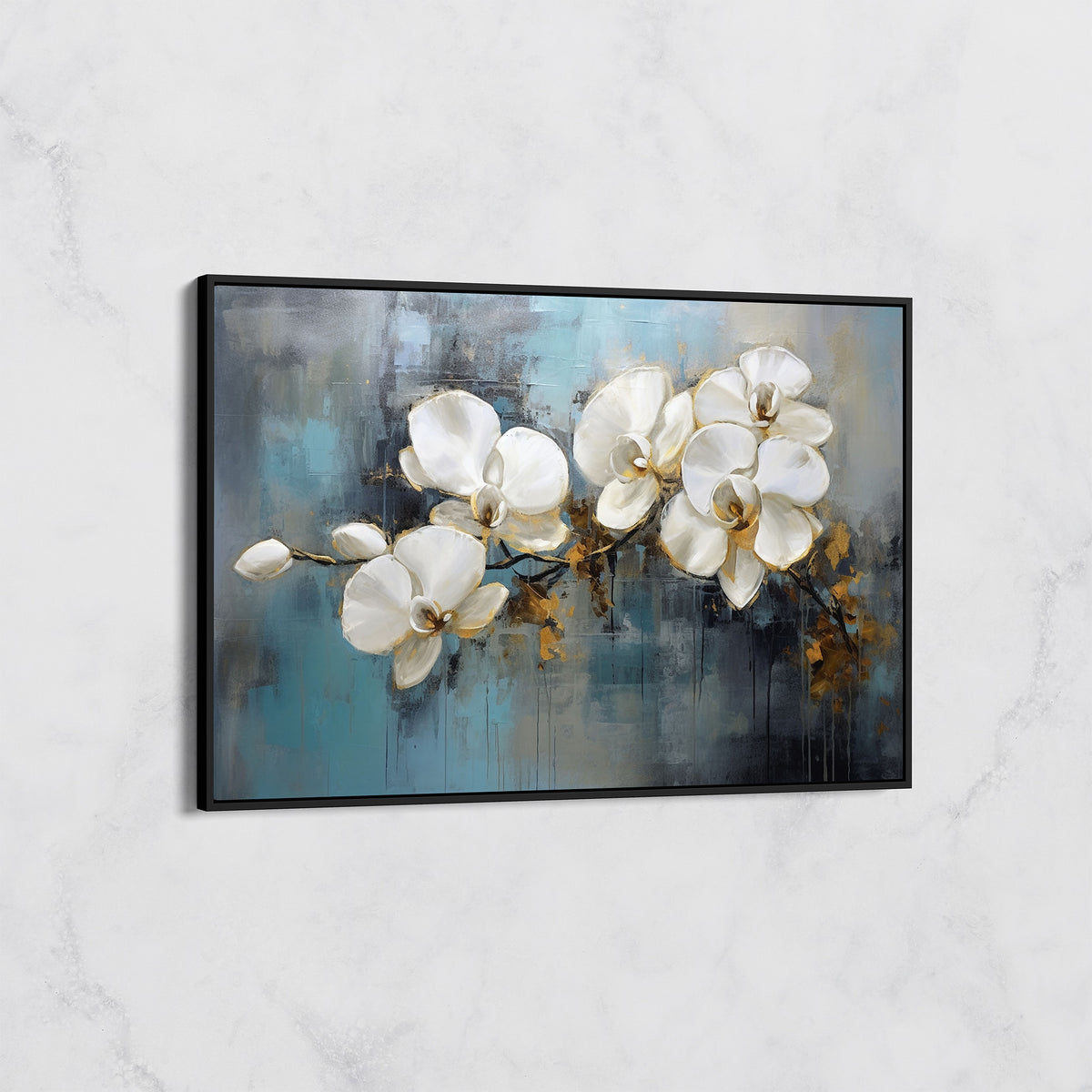 Tableau Orchidées Blanches sur Fond Bleu – Art Floral Contemporain