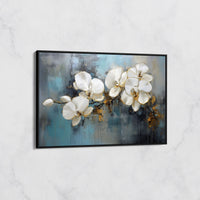 Tableau Orchidées Blanches sur Fond Bleu – Art Floral Contemporain