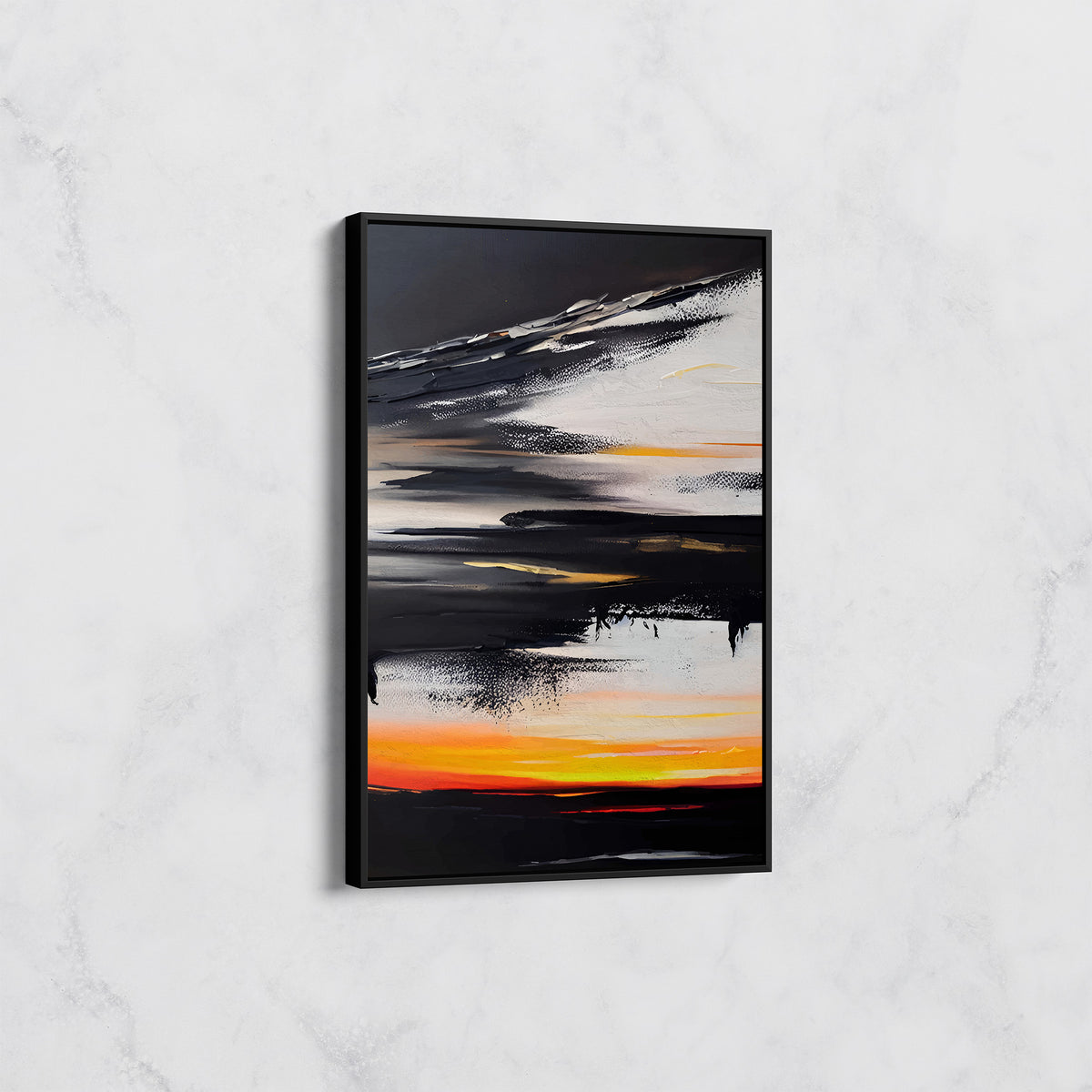 Tableau Abstrait Coucher de Soleil Noir et Orange – Déco Murale Moderne