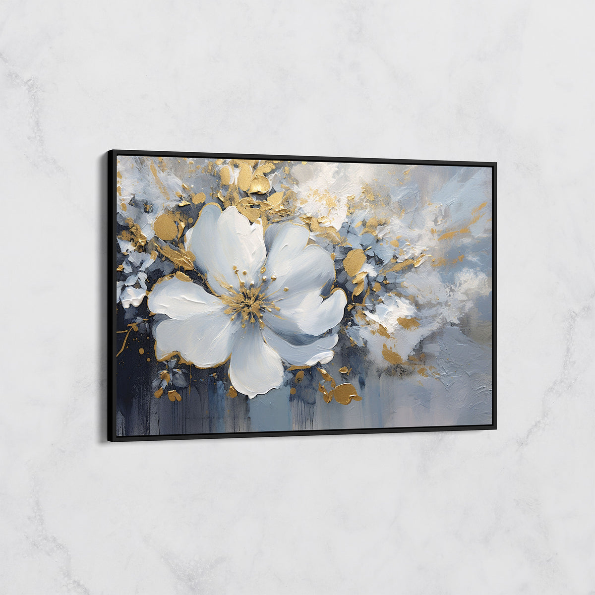 Tableau Fleur Blanche et Or sur Fond Bleu – Art Floral Moderne