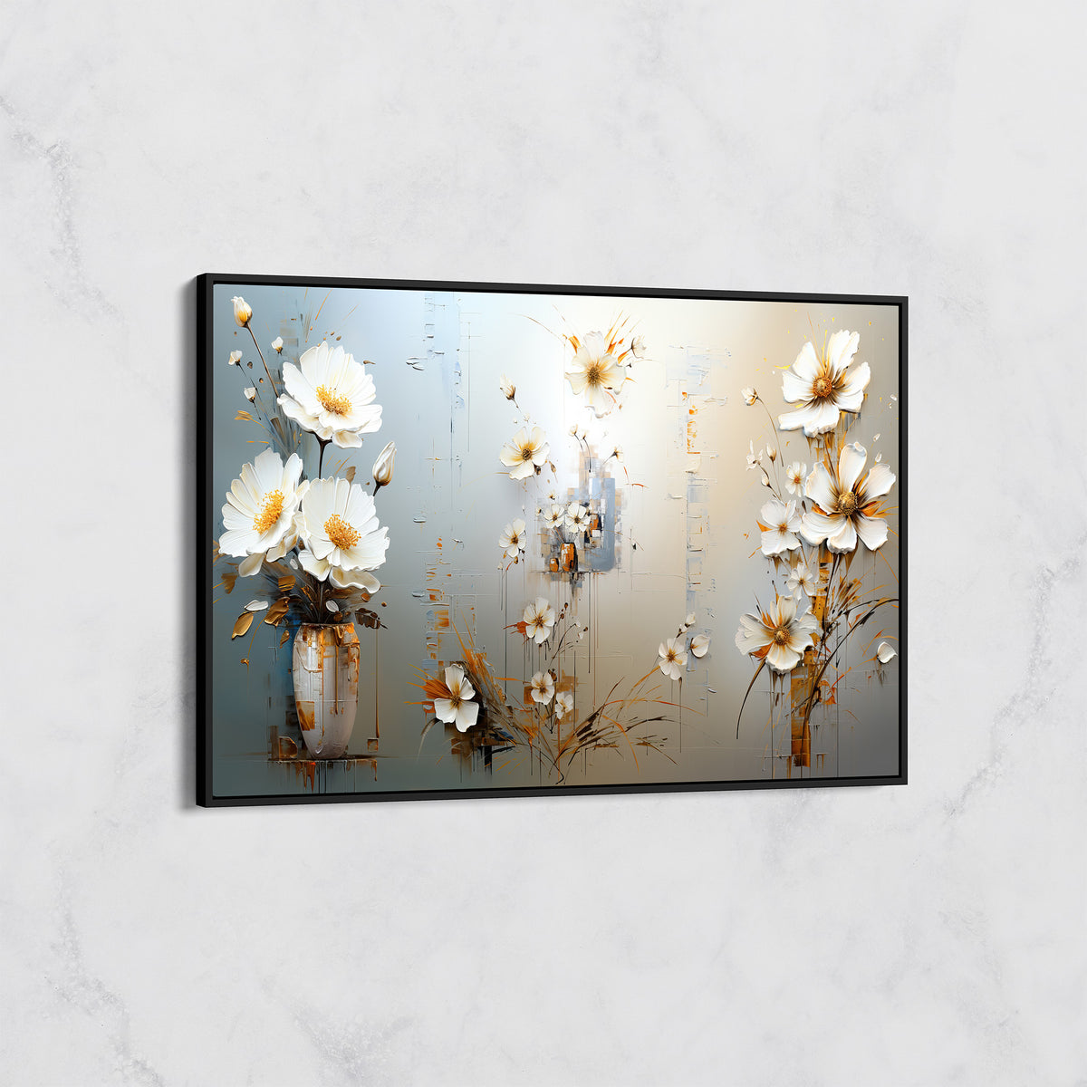 Tableau Floral Élégant - Fleurs Blanches sur Fond Doré et Bleu