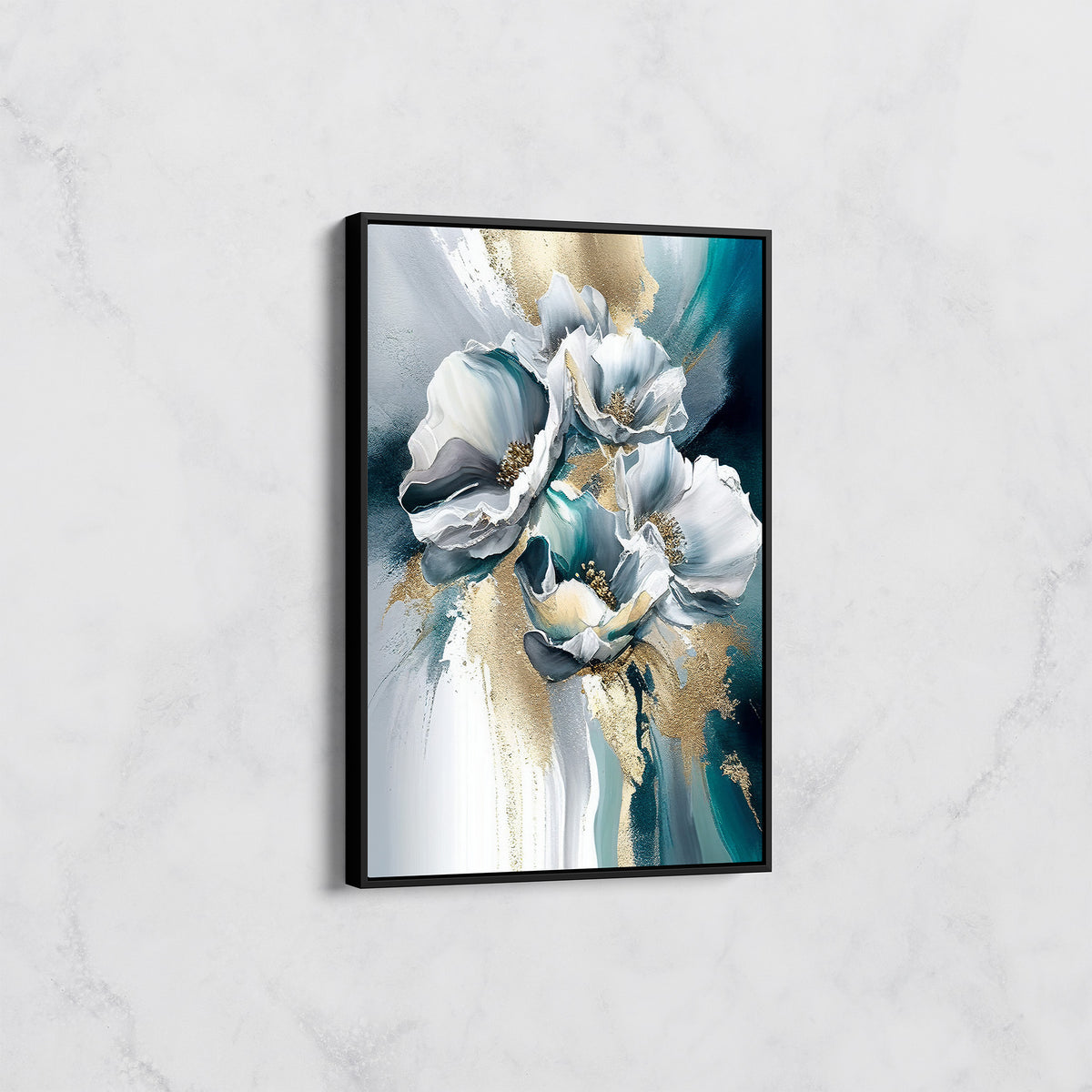 Tableau Fleurs Turquoise et Or – Art Floral Abstrait