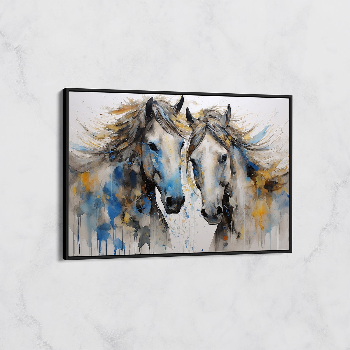 Tableau Duo de Chevaux Bleu et Or – Art Équestre Moderne