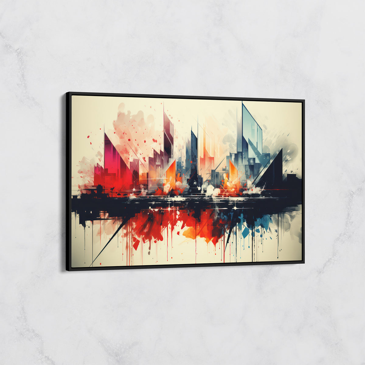 Tableau Abstrait Urbain - Skyline Moderne avec Reflets et Couleurs Vives