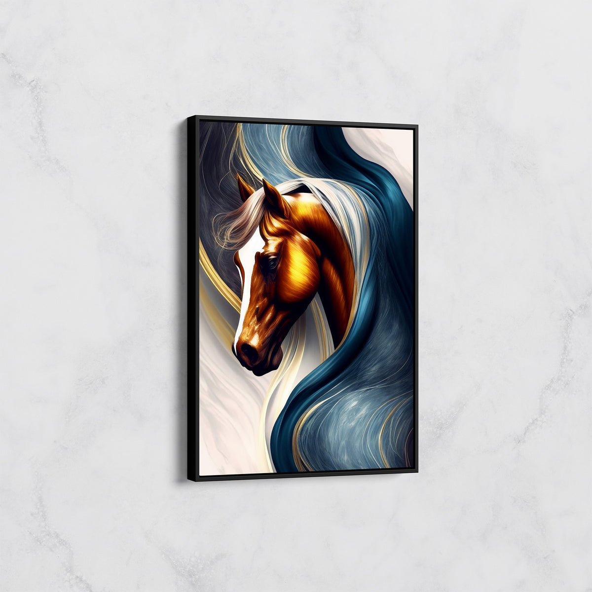 Tableau Cheval Doré aux Flots Bleus – Art Abstrait Moderne