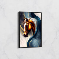 Tableau Cheval Doré aux Flots Bleus – Art Abstrait Moderne