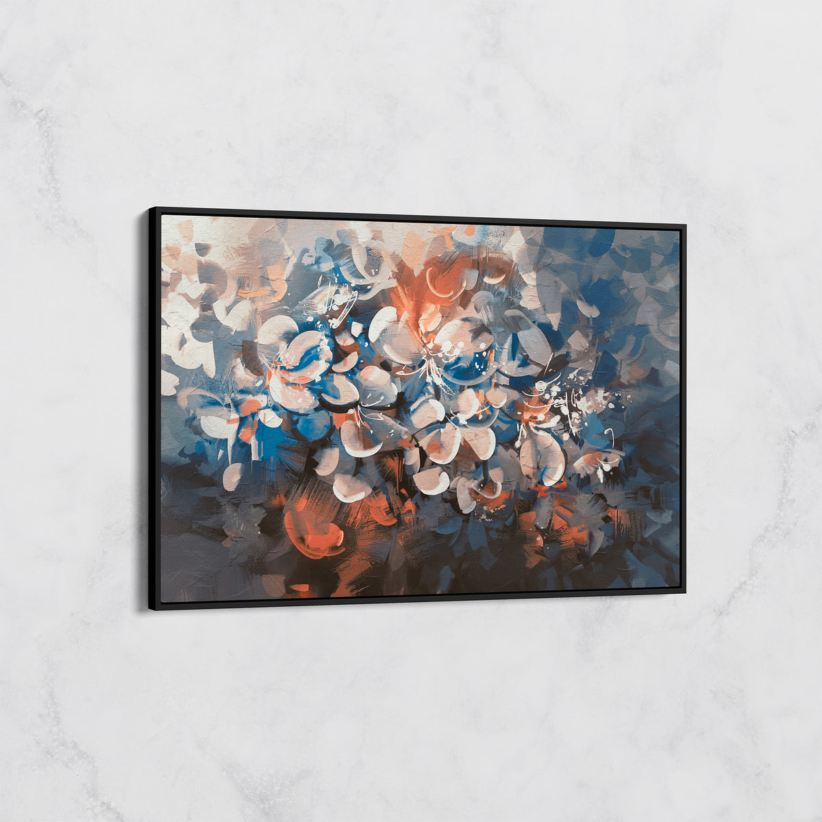 Tableau Fleurs Abstraites en Bleu et Orange – Décoration Murale Florale Moderne