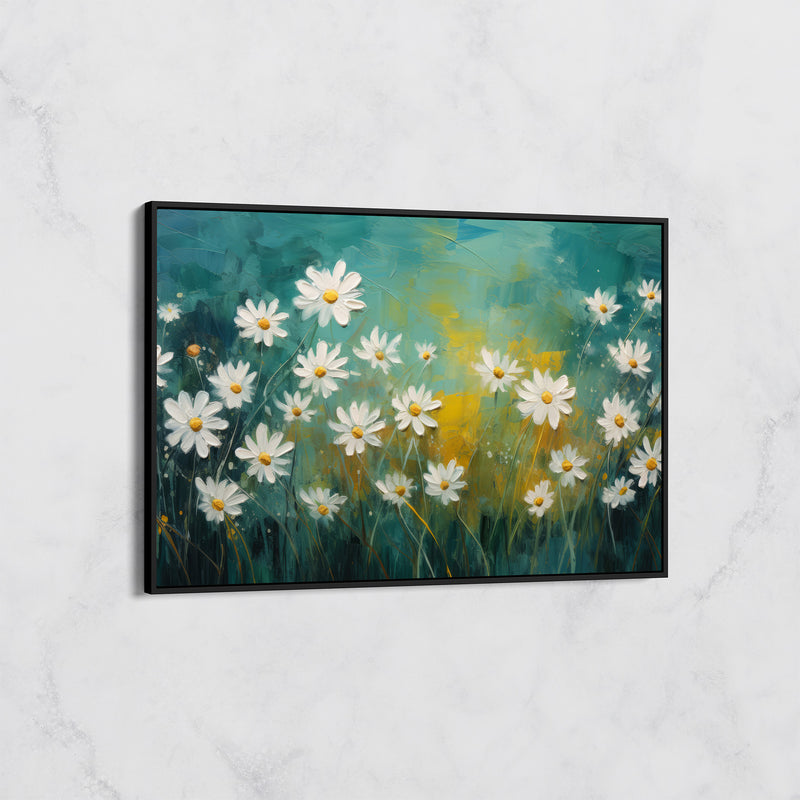 Tableau Floral Naturel - Champ de Marguerites sur Fond Vert et Jaune